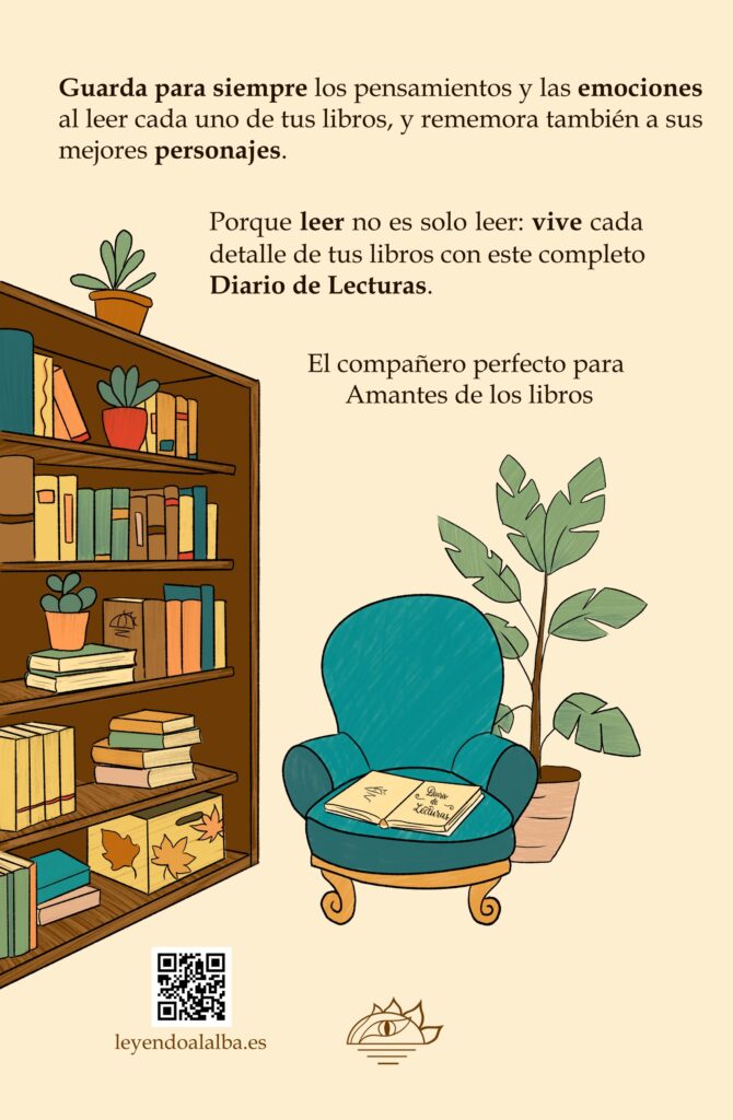 Contraportada del diario de lecturas edición amantes de los libros. Tiene una cómoda butaca azul, delante de una planta y al lado de una estantería llena de libros.
