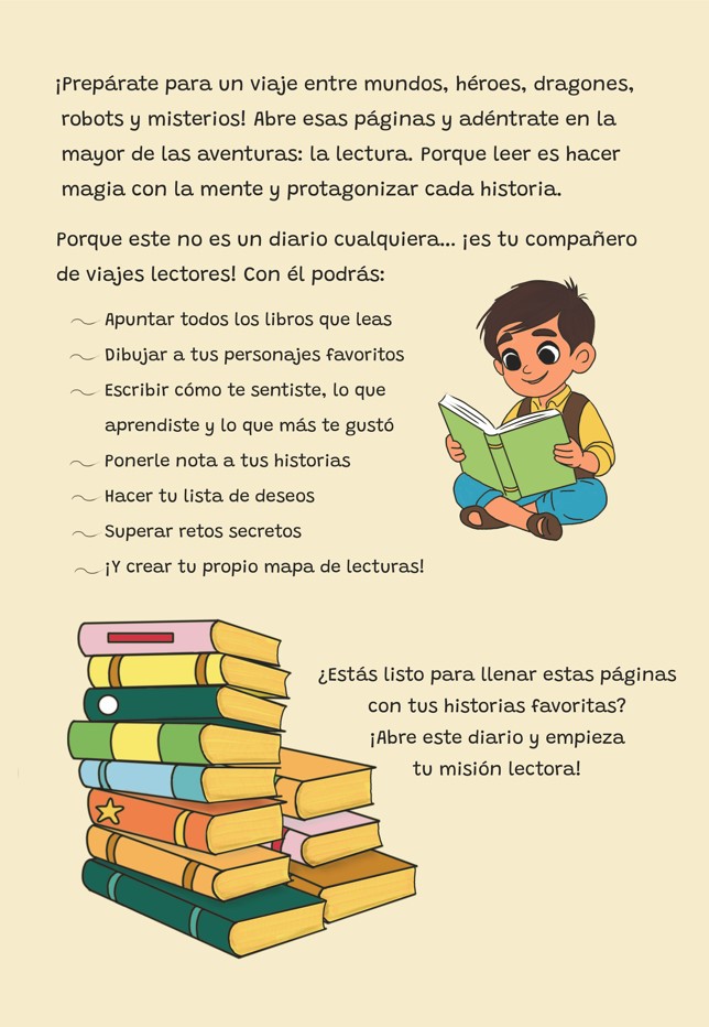Contraportada del diario de lecturas para niños. Tiene un niño feliz leyendo y una pila de libros.