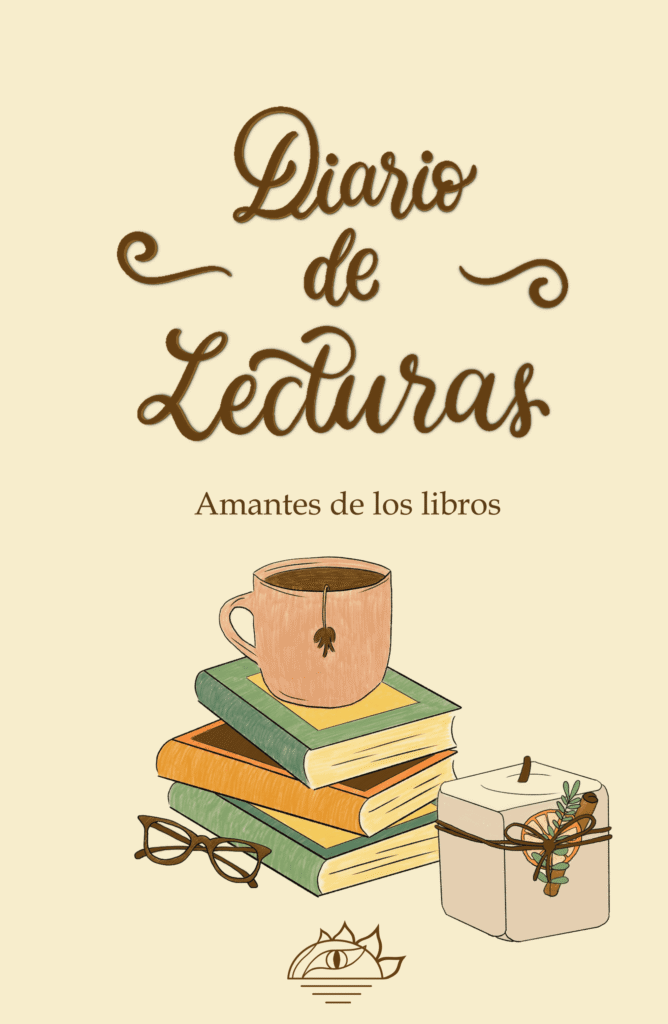 Portada del diario de lecturas edición amantes de los libros. Tiene una taza con una bebida caliente, una vela aromática de canela y naranja, una pila de libros y unas gafas