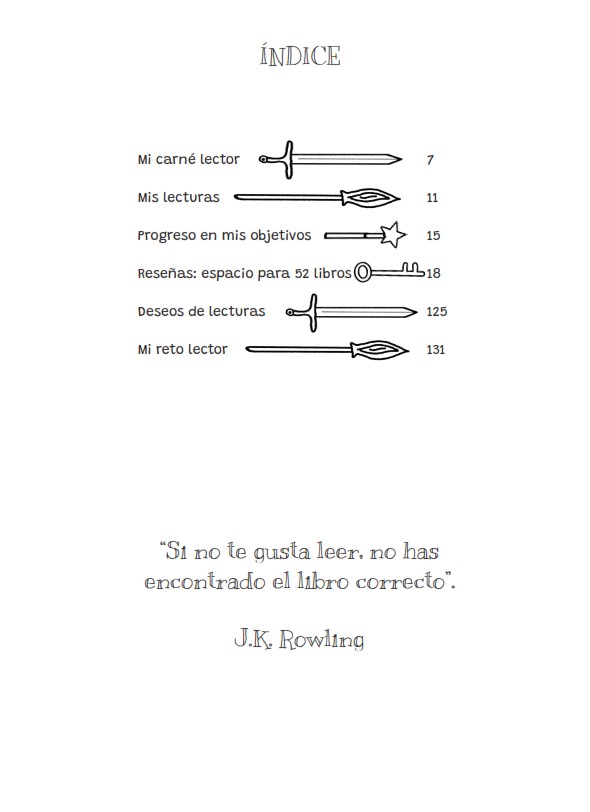 Página de Mi primer diario de lecturas donde se incluye un índice con las secciones del libro: carné lector, mis lecturas, progreso, reseñas, deseos de lecturas y retos literarios.