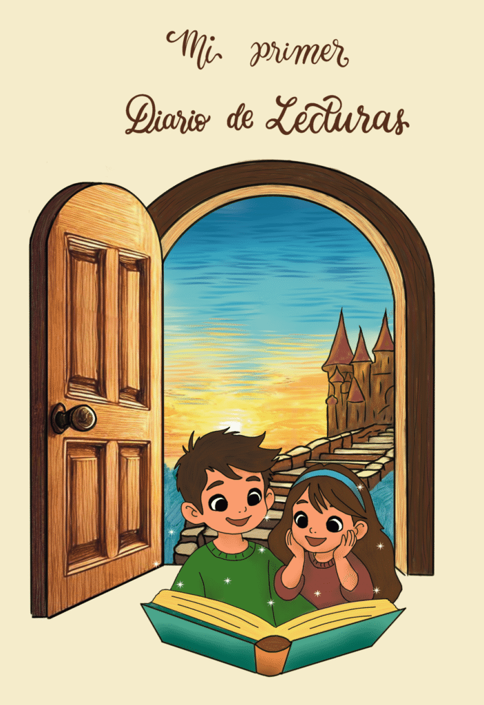 Portada del diario de lecturas para niños. Tiene un niño y una niña leyendo juntos un libro y una puerta que se abre tras ellos hacia un mundo de fantasía.