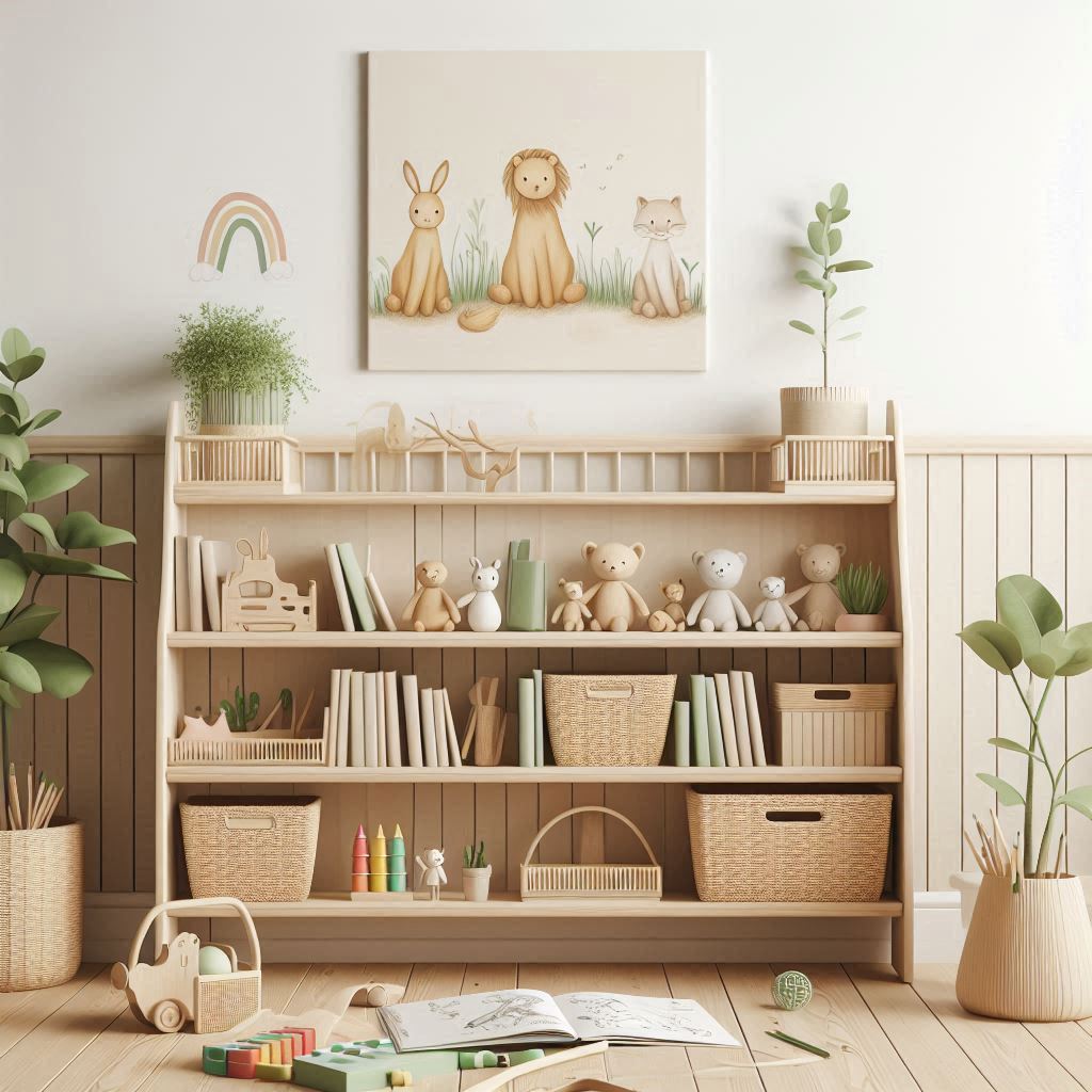 Habitación con una estantería de libros, juguetes Montessori, un cuadro de animales, peluches y plantas.
