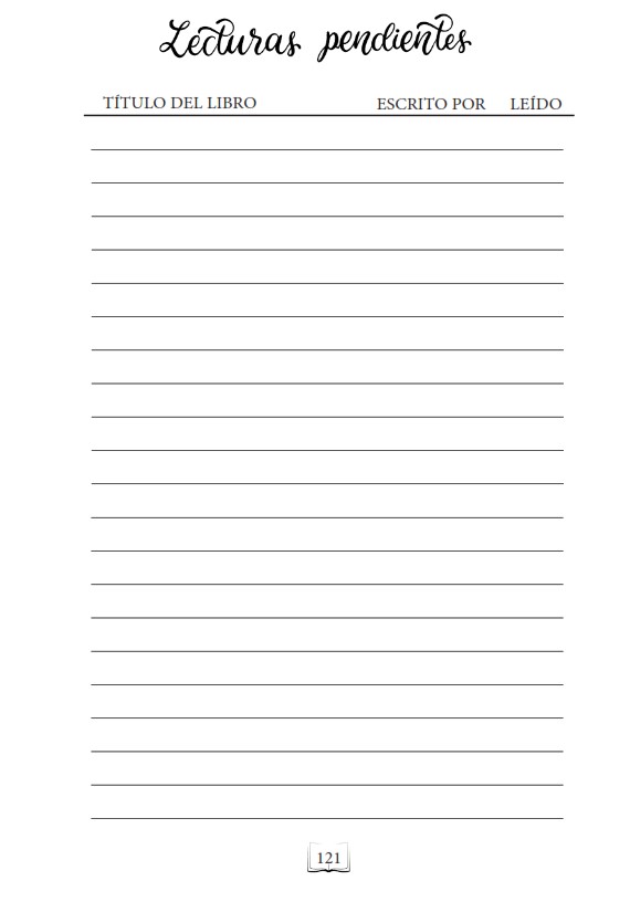 Página del Diario de lecturas edición amantes de los libros donde se incluye una lista de libros pendientes para rellenar.