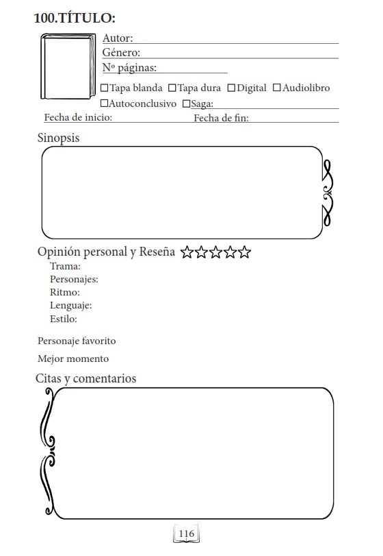 Página del Diario de lecturas edición amantes de los libros donde se incluye una ficha de reseña para rellenar.