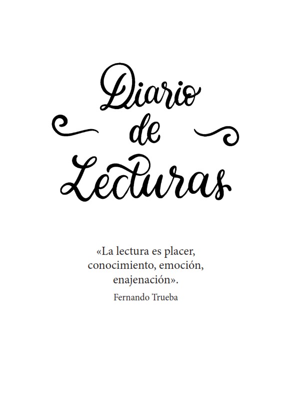 Página interior del Diario de lecturas edición amantes de los libros con una cita de Fernando Prueba: La lectura es placer, conocimiento, emoción, enajenación.