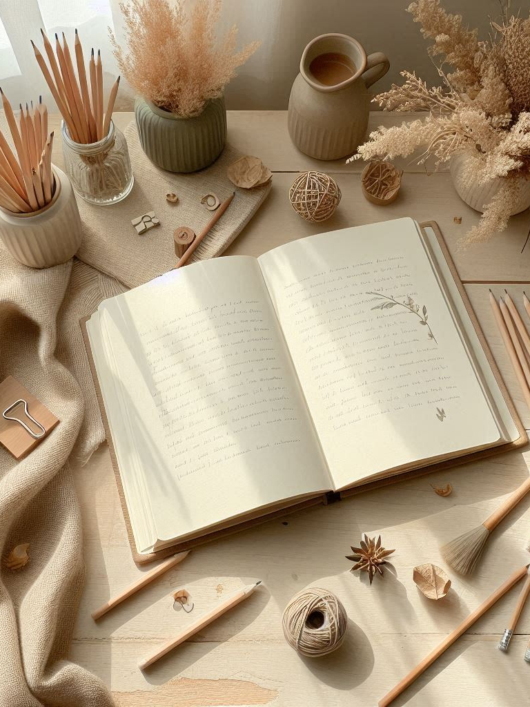 Libro abierto sobre una mesa, preparado para tomar notas y planificar. Rodeado de lápices de madera y plantas secas.
