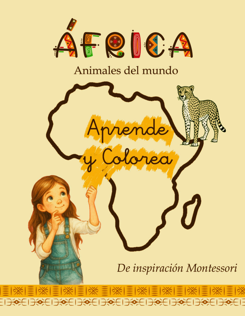 Portada del libro de la serie Aprende y Colorea, para animales de África. Aparece una niña aprendiendo y riendo, un guepardo, un mapa de África y motivos tribales.