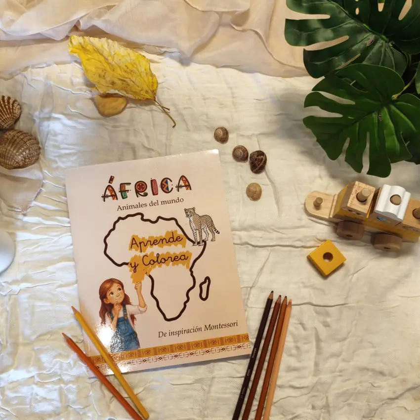 Libro montessori infantil para colorear animales sobre una mesa agradable con elementos naturales para relajarse, aprender y disfrutar.