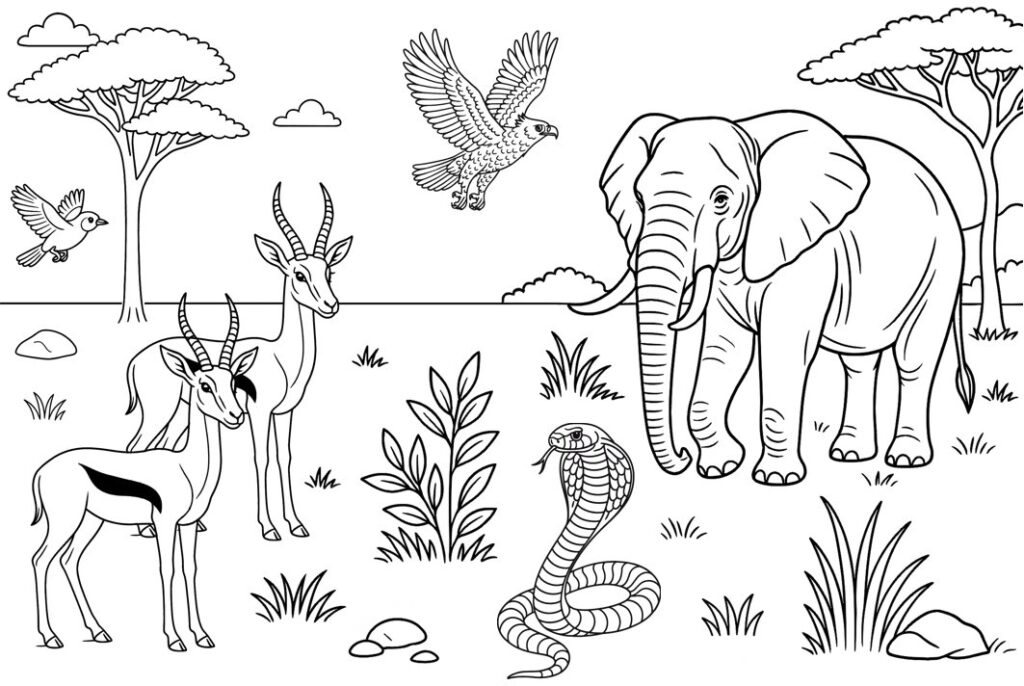 Imagen para colorear de la sabana con animales realistas. Aparecen acacias, un águila marcial, un elefante africano, una cobra escupidora y una pareja de gacelas.
