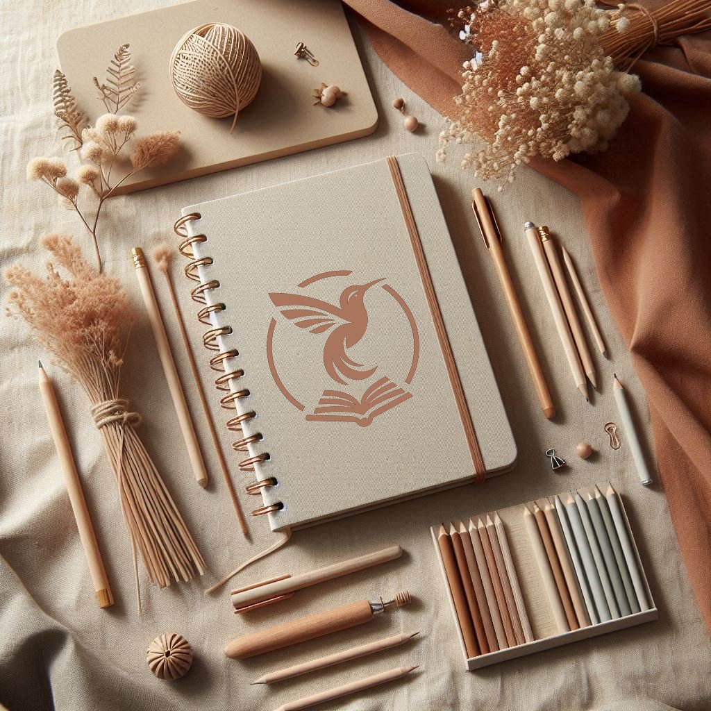 Cuadernos, lápices y organizadores con el logo de Libros Colibrí.