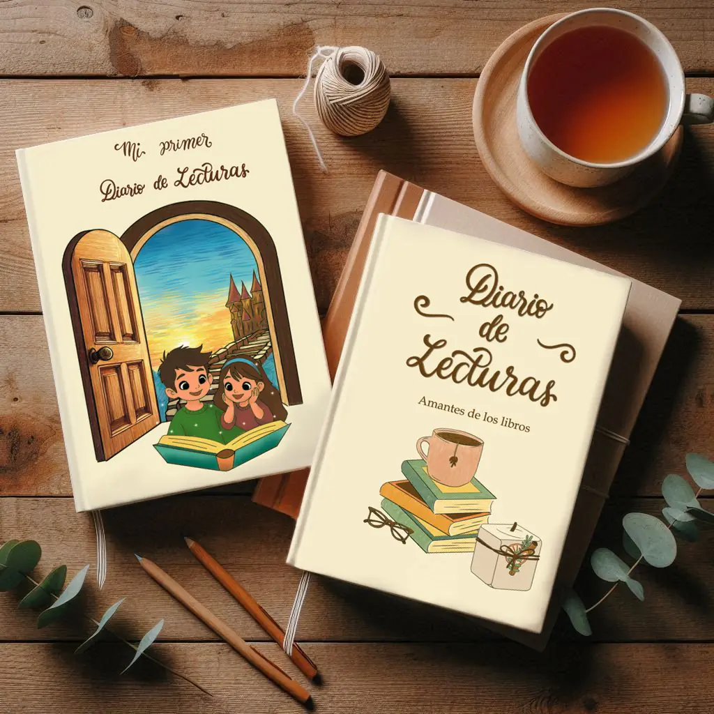 Diario de lecturas para adultos, Diario de lecturas para niños sobre una mesa agradable de madera