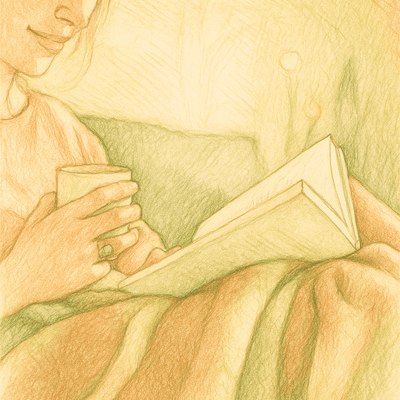 Dibujo a lápiz en tonos verdes y naranjas pastel, de una mujer leyendo y tomando una bebida caliente bajo una manta.