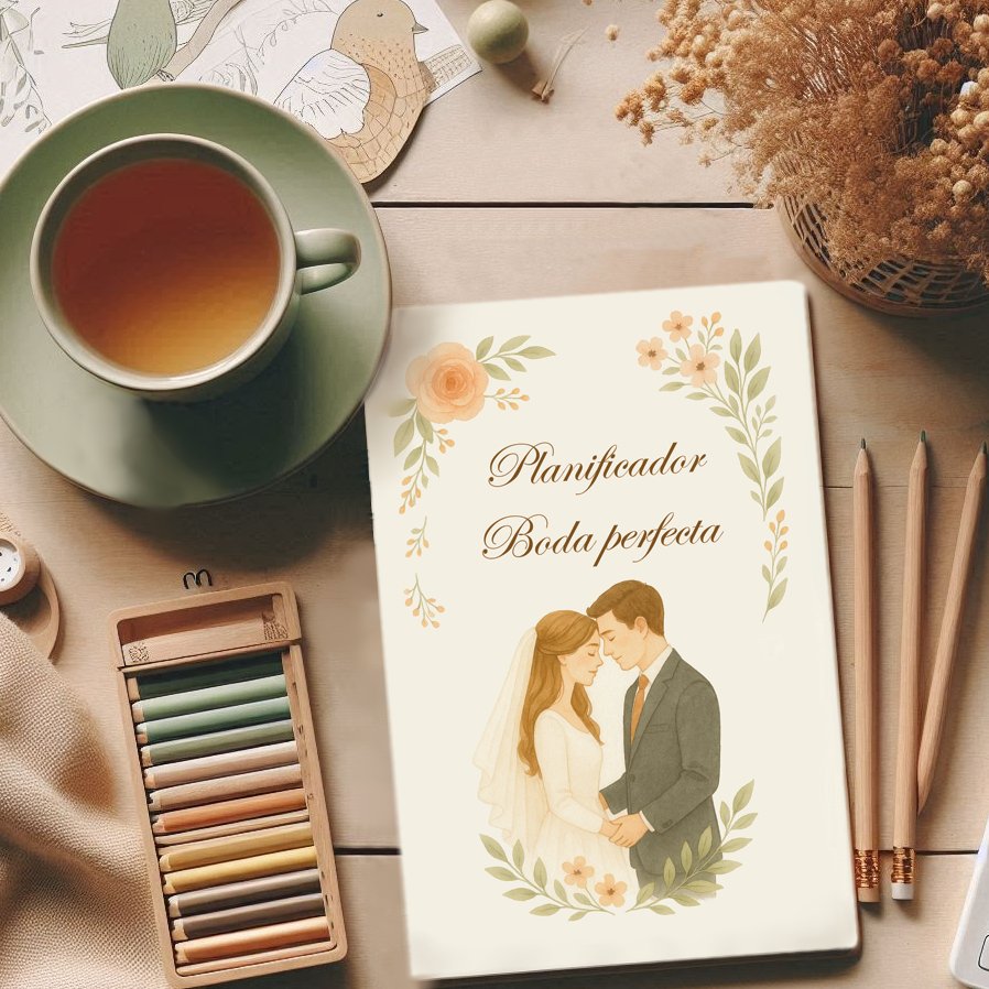 Planificador de boda sobre mesa con un té caliente, lápices de colores y flores secas.