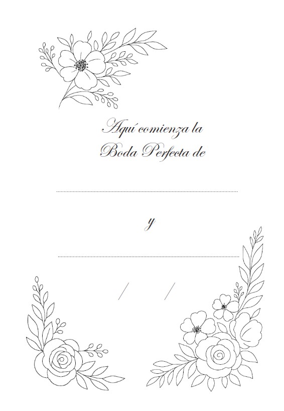 Texto del interior del planificador Boda perfecta que indica: "Aquí comienza la boda perfecta de".