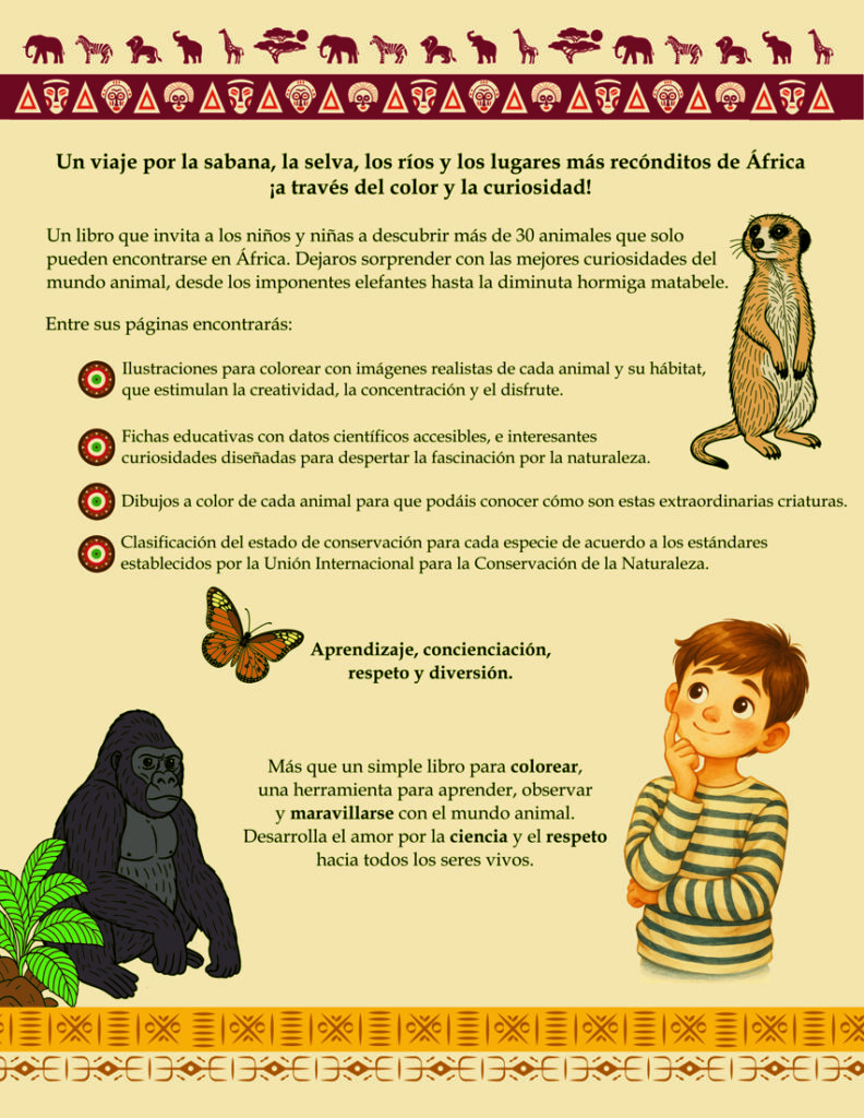 Contraportada del libro de la serie Safari Montessori aprende y colorea los animales de África. Se describe lo que hay en el interior del libro, con un niño aprendiendo, y unos dibujos de un suricata, un gorila y una mariposa realistas