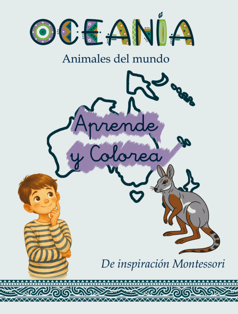 Portada del libro de la serie Aprende y Colorea, para animales de Oceanía. Aparece un niño aprendiendo y riendo, un canguro, un mapa de Oceanía y motivos tribales.