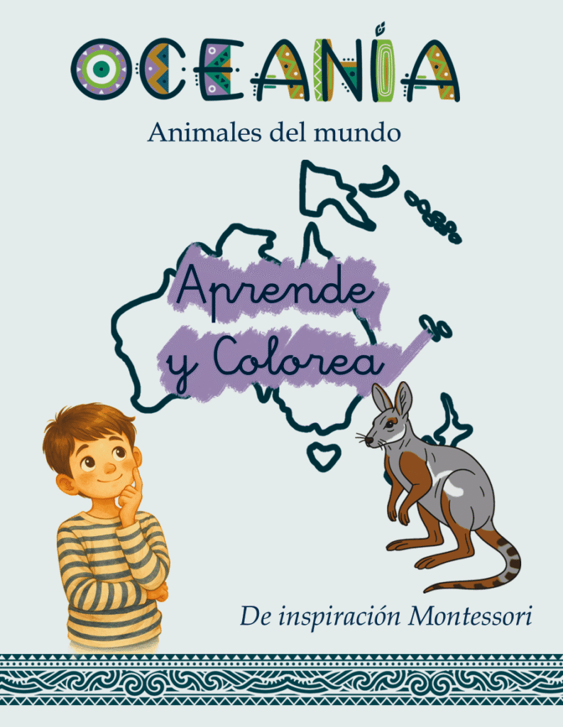 Portada del libro de la serie Aprende y Colorea, para animales de Oceanía. Aparece un niño aprendiendo y riendo, un canguro, un mapa de Oceanía y motivos tribales.