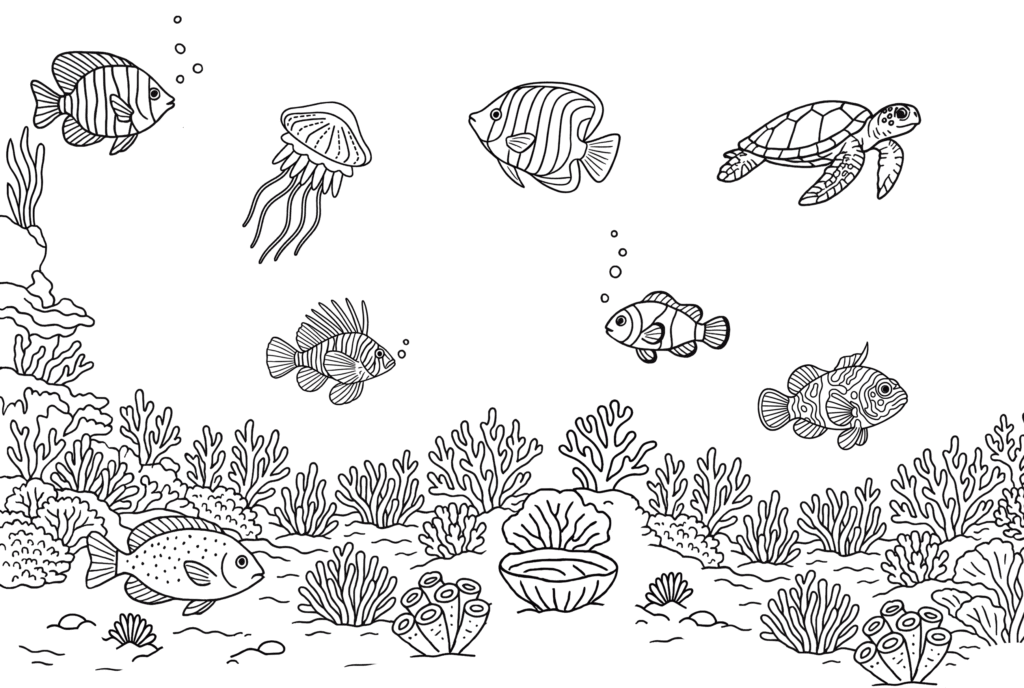 Imagen para colorear del fondo del océano con animales realistas. Aparecen corales, anémonas, medusas, peces, tortugas marinas...