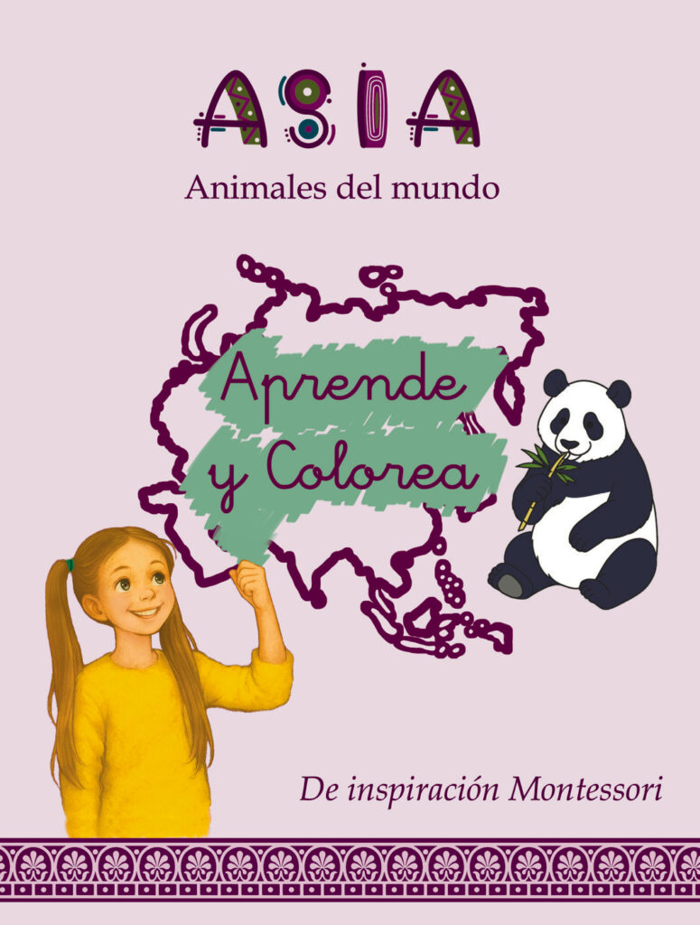 Portada del libro de la serie Aprende y Colorea, para animales de Asia. Aparece una niña aprendiendo y riendo, un oso panda, un mapa de Asia y motivos tribales.