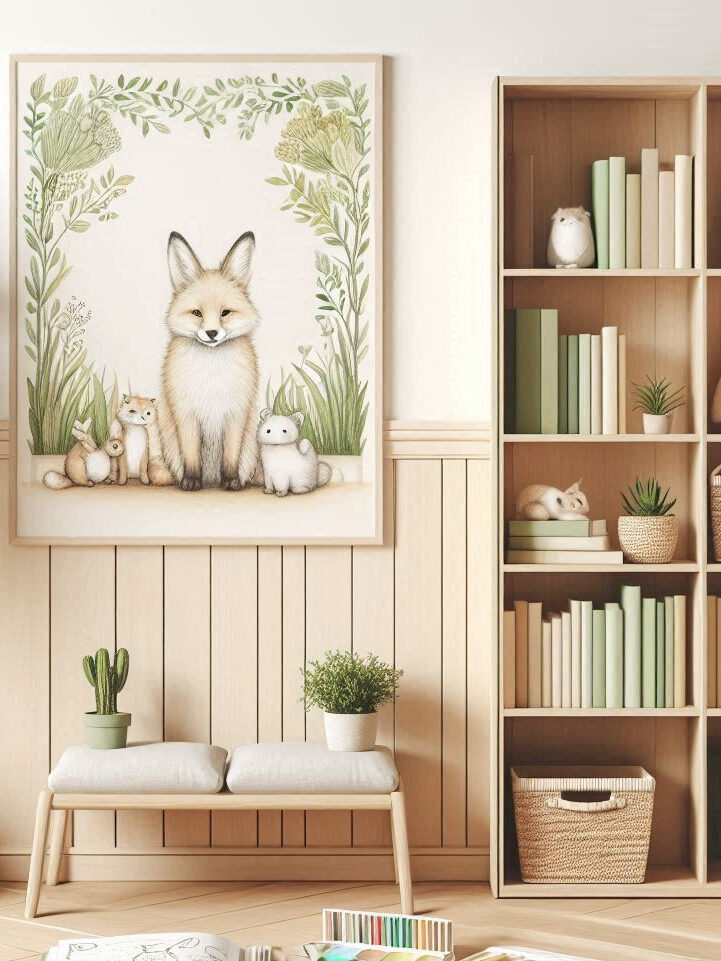 Habitación con una estantería de libros, un libro para colorear animales, un banco cómodo y un cuadro de un zorrito.