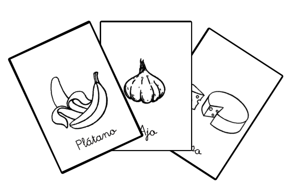 Tarjetas recortables para colorear de alimentos para hacer de la compra una actividad entretenida para los niños