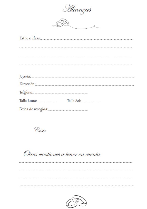 Texto del interior del planificador Boda perfecta que indica todos los datos para encargar las alianzas para una boda LGTBI.